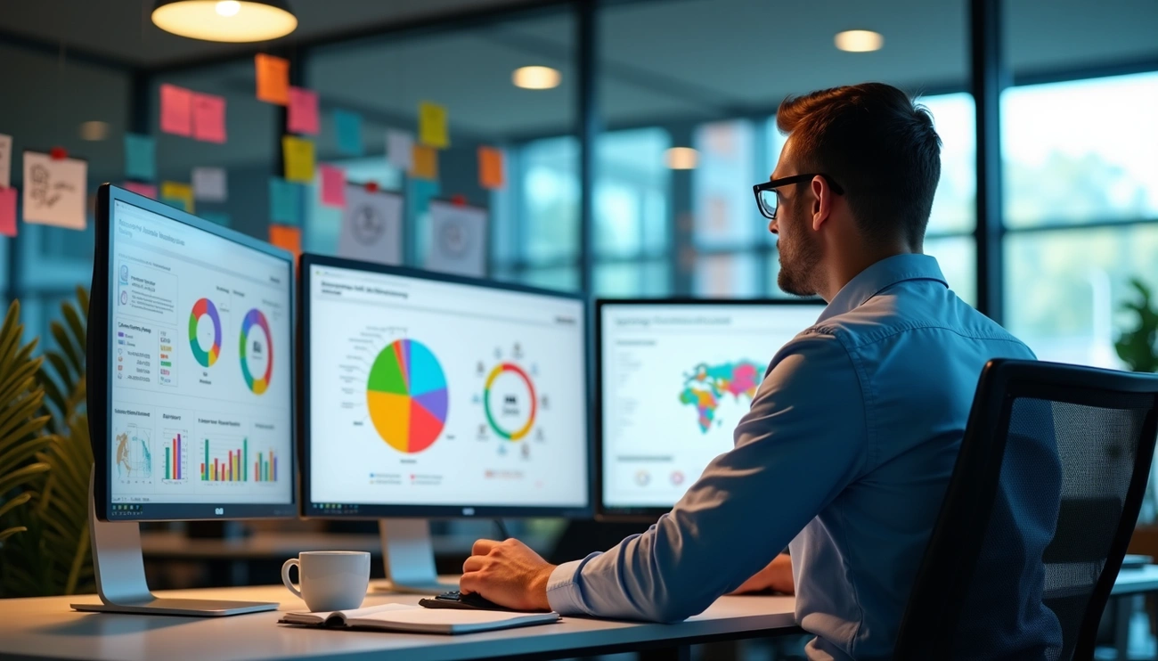 man working on a computer in his office, looking at dashboard pie charts
