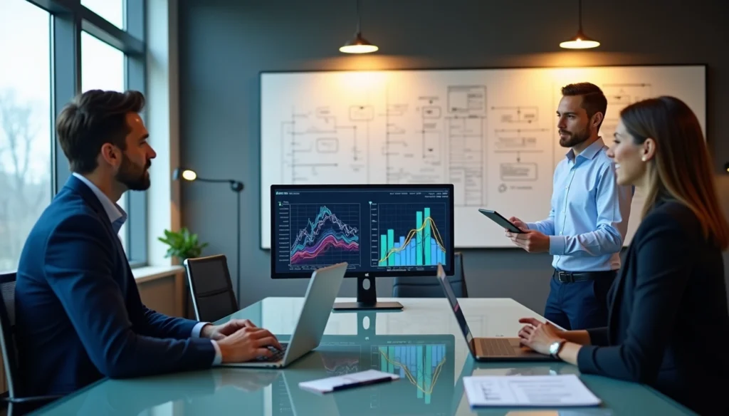 Start A Data Science Consulting Business: Step-by-Step Guide Business Professionals discusing data Visualizations on a computer monitor in a modern office meeting room