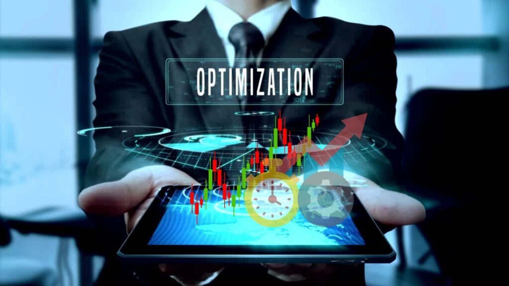 Inventory Optimization Analytics an image a man carry a macbook and charts and clock displaying on it