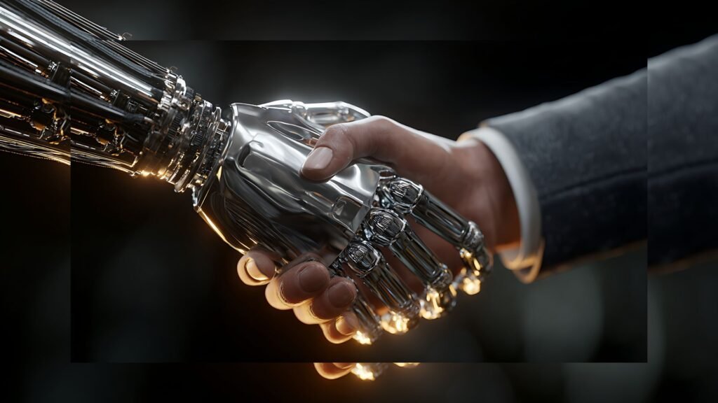Computer Vision Solutions An image of an AI shaking a human hand