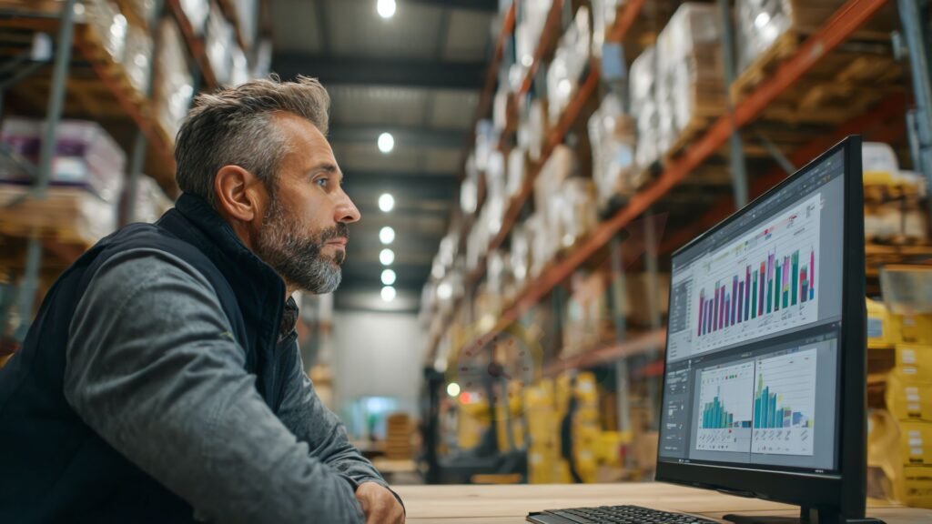 Supply Chain Analytics am image of a supply store and a man looking at supply chain dashboards