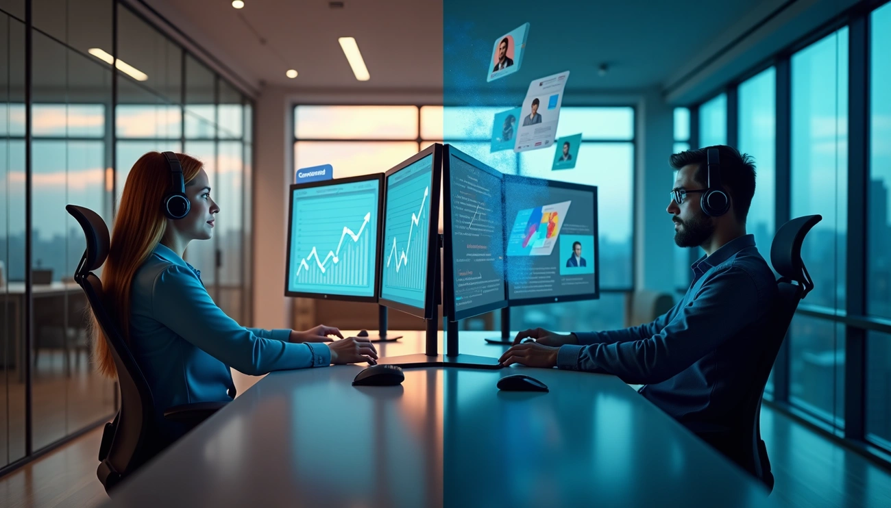 An image of two scientist working on a customer churn chart on a computer