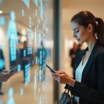 An image of a consultant pressing her phone and standing on a walking way screen displaying a customer behavior analytics