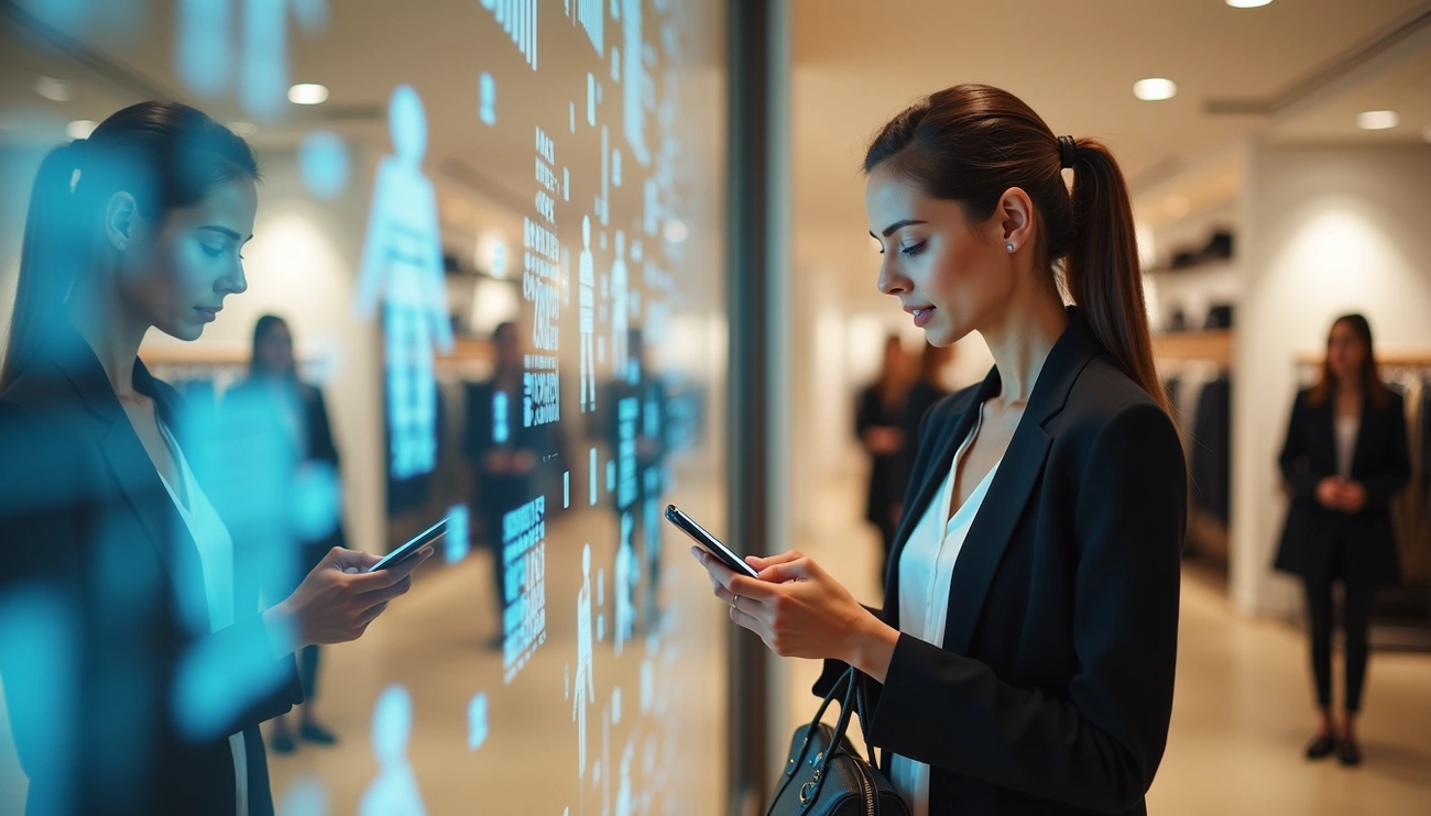 An image of a consultant pressing her phone and standing on a walking way screen displaying a customer behavior analytics
