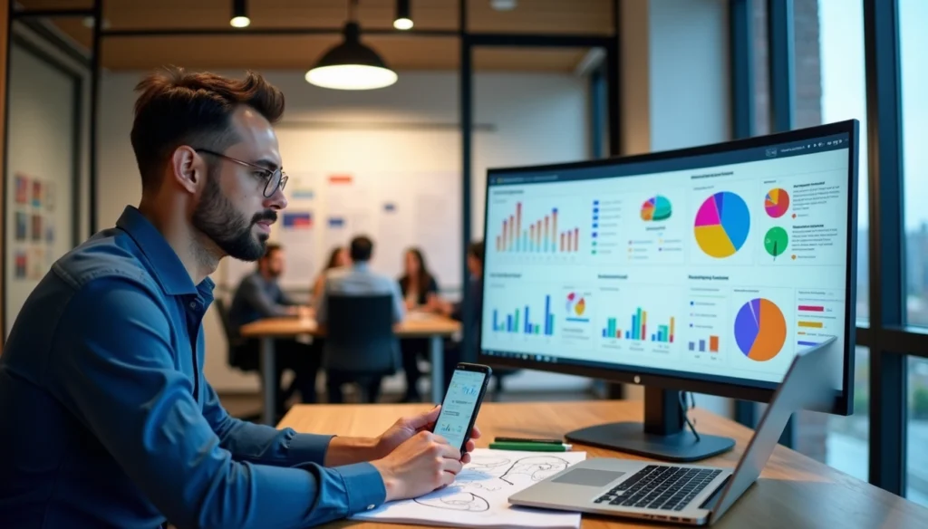 an image of a consultants working on a customer Customer Analytics Strategy Framework and looking at a dashboard