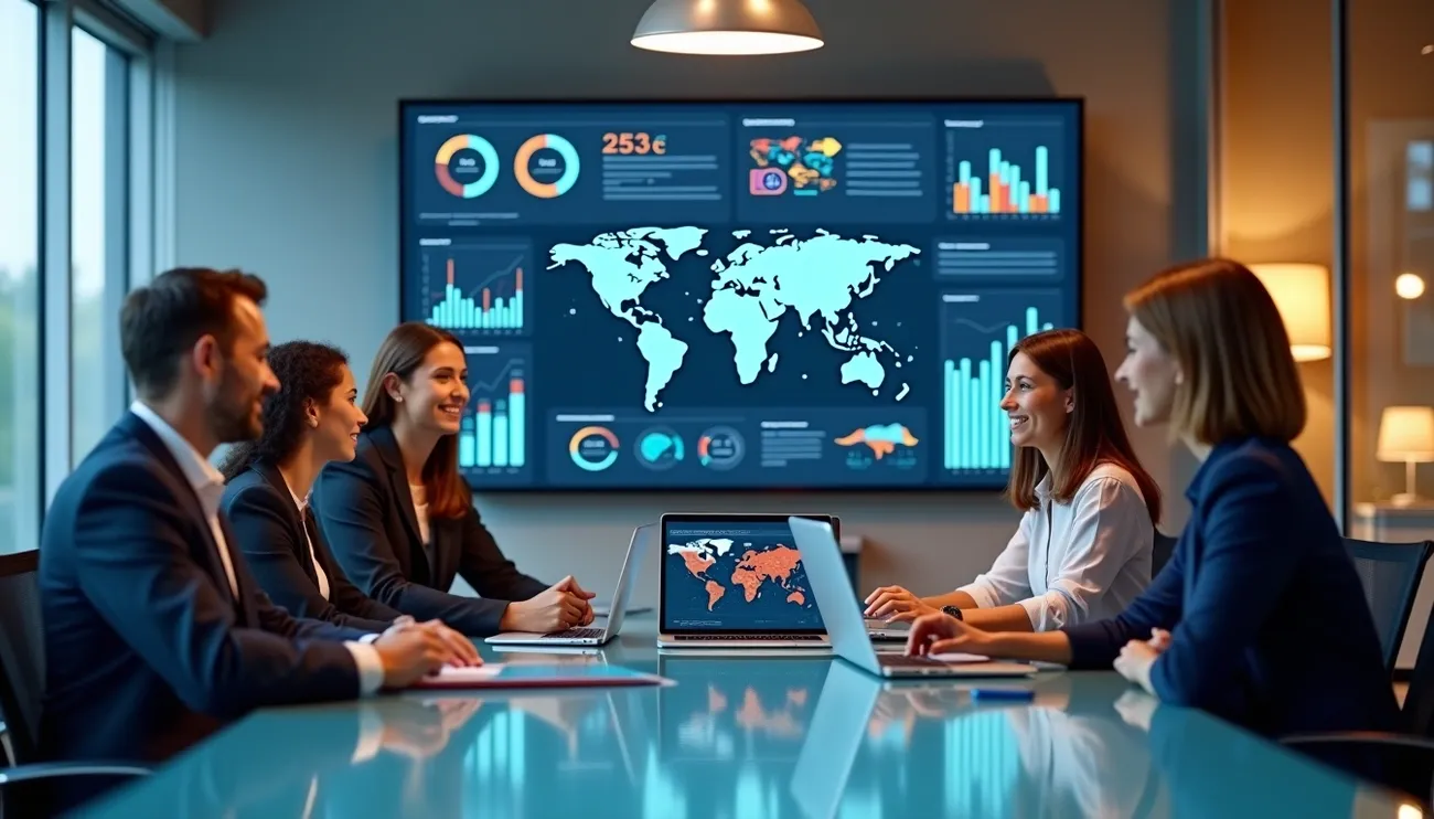 15 Real Business Segmentation Case Studies That Grew Sales in 2025 Business team in a meeting room analyzing global sales data and segmentation charts on large screen and laptops.