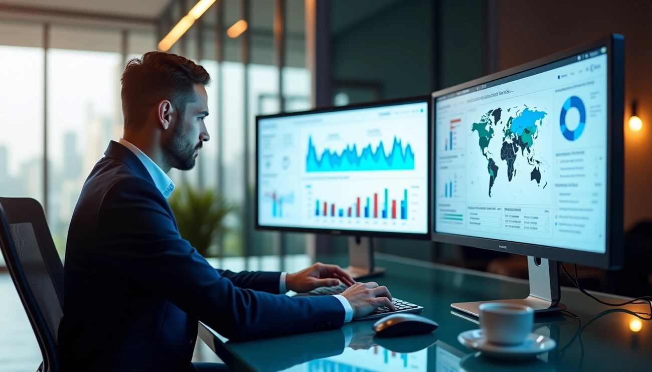 A consultant working on a business intelligence dashboard on a monitor