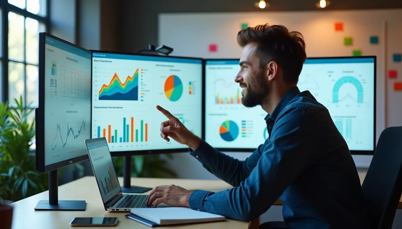 How to Master Consumer Analytics: A Step-by-Step Guide Man analyzing colorful consumer data charts on multiple monitors in a modern office setting for business growth.