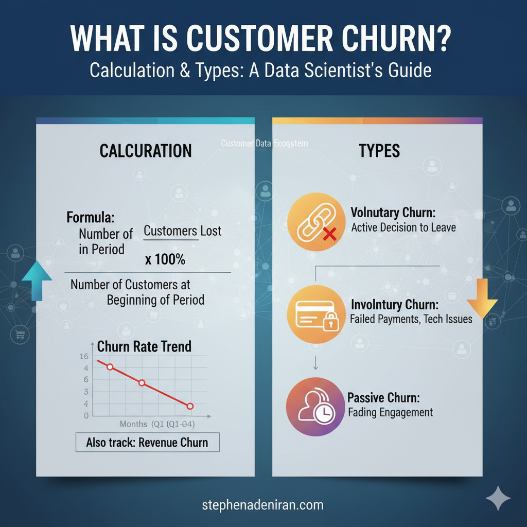 Image of An infographic summarizing "What is Customer Churn?" highlighting the calculation formula, a churn rate trend graph, and different types of churn (voluntary, involuntary, passive) with icons and brief descriptions.