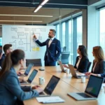 How to Build Your AI Implementation Strategy A group of business consultants working on AI implementation strategy