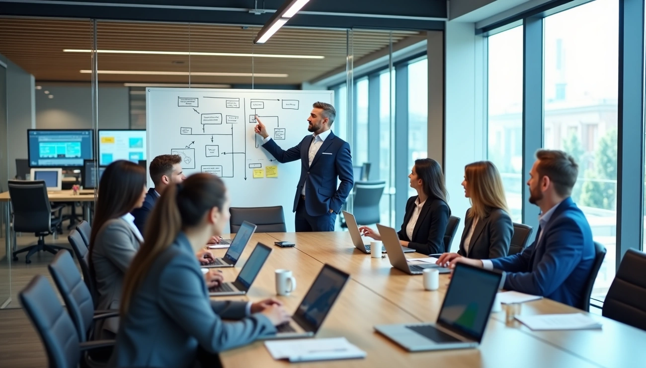 A group of business consultants working on AI implementation strategy