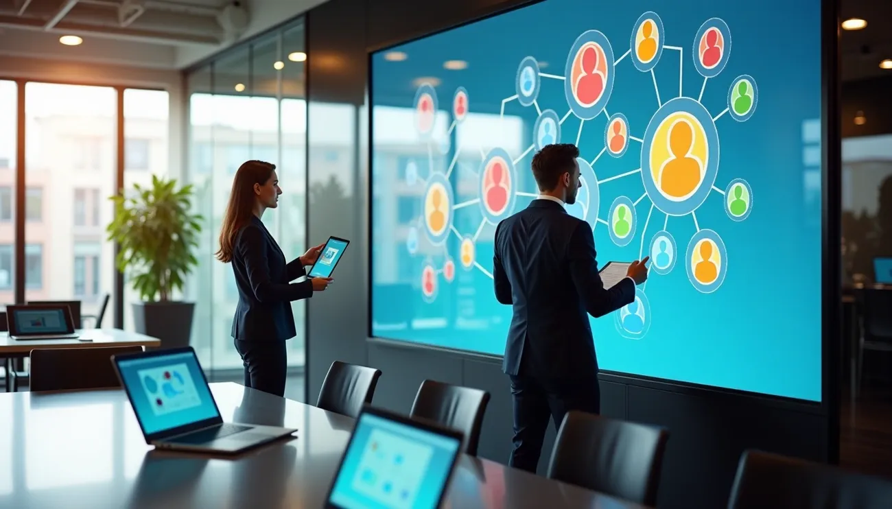 an image showing two consultants working on customer segmentation and watching customer charts on the board in a modern settings