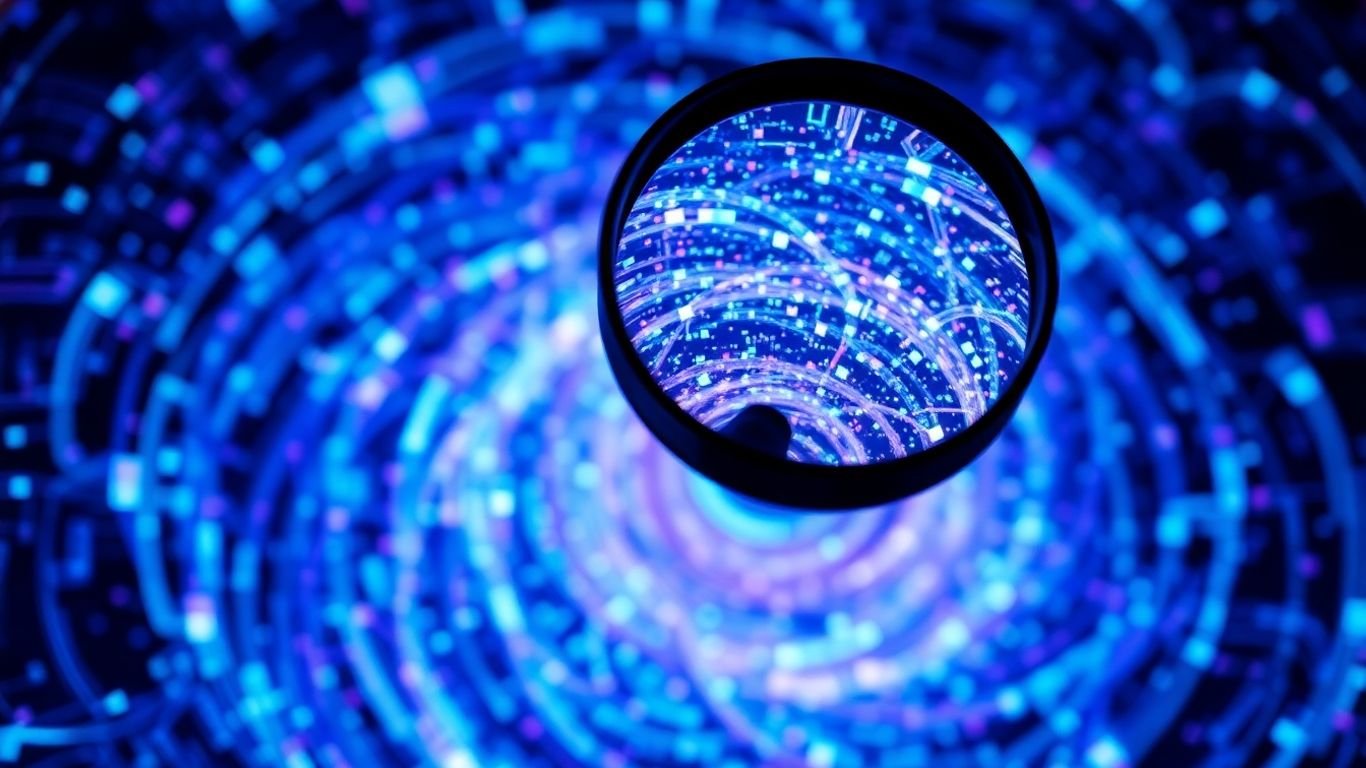 Magnifying glass over glowing data points.