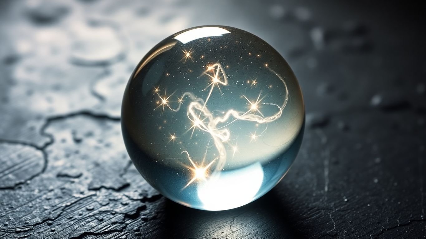 Glowing crystal ball with swirling light inside.