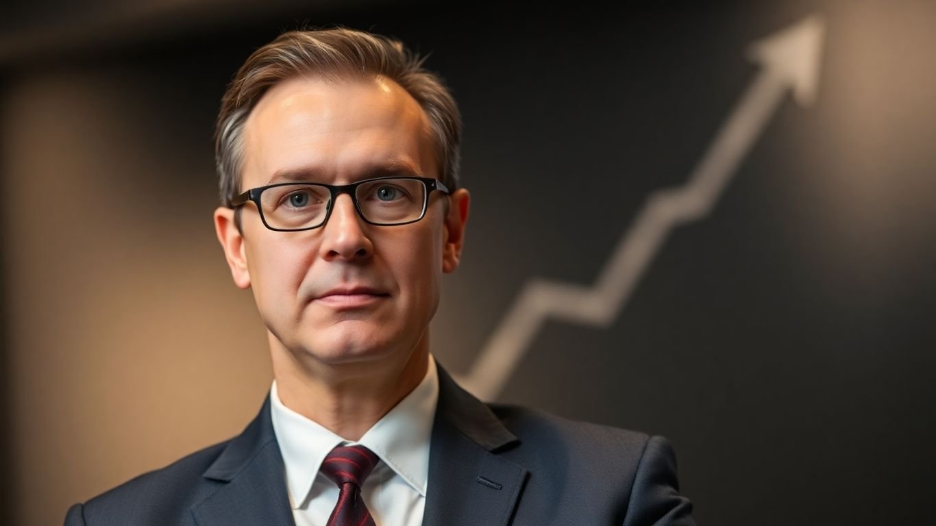 CFO looking forward with financial growth visuals.