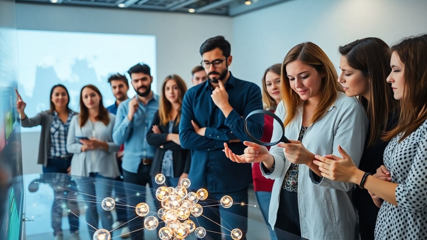 People analyzing customer data clusters visually.