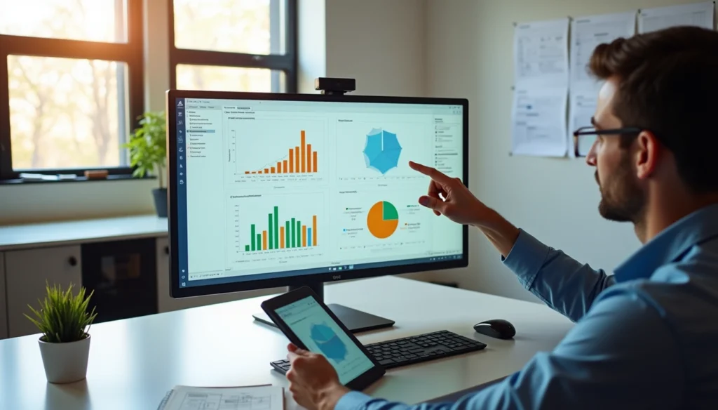 An image showing a consultant pointing to some charts on the screen explaining Data visualizations Best Practices